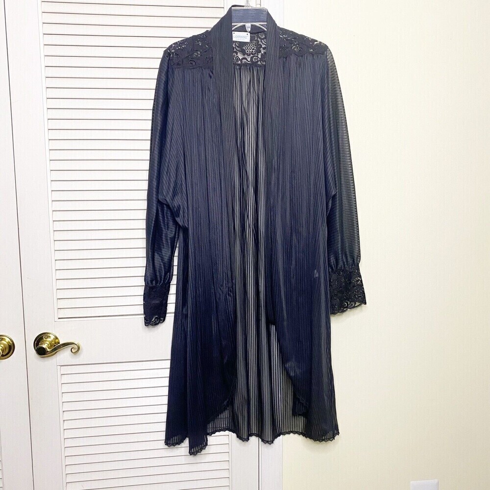 Vintage 70s Lorraine Black Nylon Sheer Lace Open Front Robe Large Tie USA